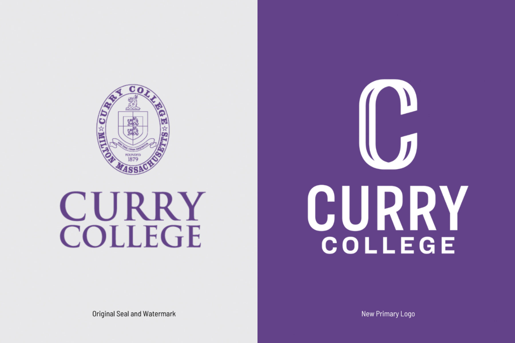 Image showcasing the original seal and watermark of Curry College compared with the new primary logo, highlighting the evolution of the college’s visual identity.