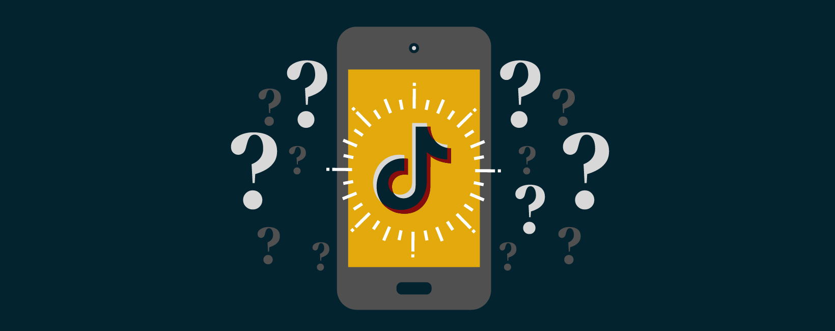 Cartoon image of phone with TikTok symbol surrounded by question marks