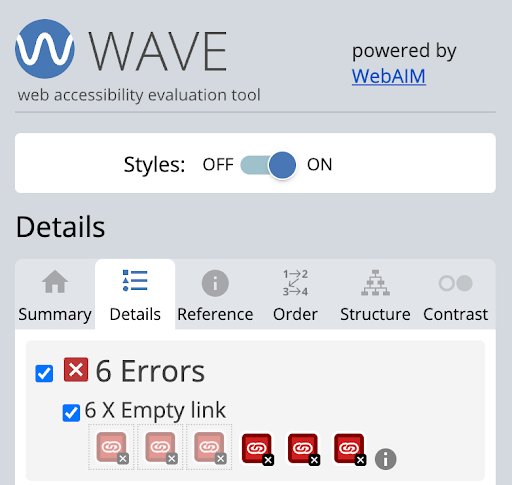 The WAVE web accessibility evaluation tool interface showing six errors identified, all of which are empty links.